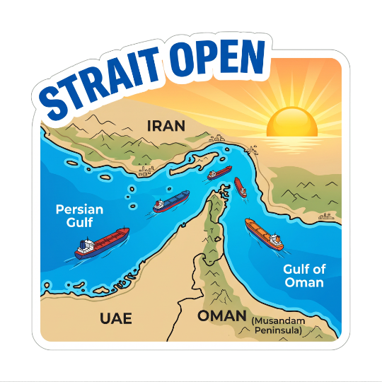 Map of the Strait of Hormuz reopening — Strait Open